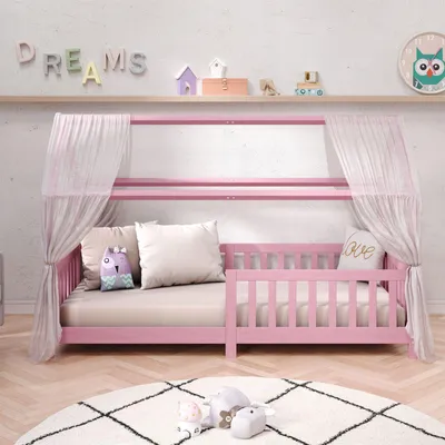 Produktbild von Hausbett NINA 90x190 cm, Rosa - Kinderbett in Hausform aus Kiefernholz, mit Rausfallschutz, Montessori Bett, sicheres Kinderbett ohne Lattenrost und Matratze
