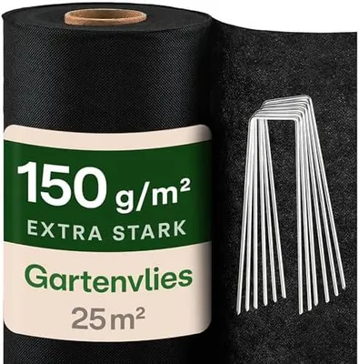 Produktbild von Praknu Gartenvlies 150g/m² mit 12 Erdankern – Extra Stark & Reißfest – 25m² Mulchvlies für dauerhaften Unkrautschutz – Für Wege, Kies & Steingärten