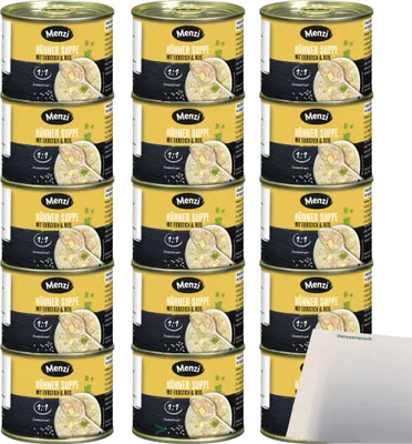 Produktbild von Menzi Hühnersuppe mit Eierstich und Reis Konzentriert 3er Pack (15X200ml Dose) + usy Block