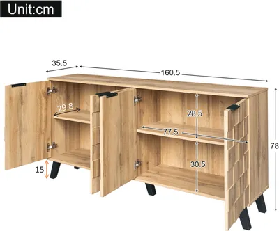 Produktbild von okwish Kommode Sideboard mit viel Stauraum, Schrank mit 4 Türen, Schubladenschrank Anrichte für Wohnzimmer, 160,5 x 35,5 x 78 cm, Natur