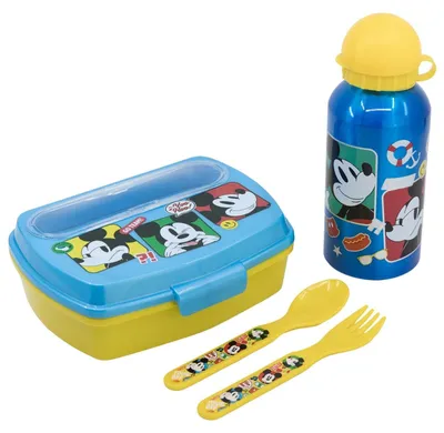 Produktbild von Disney Mickey Maus 4 tlg Kinder Lunch Set Brotdose Alu-Trinkflasche Besteck