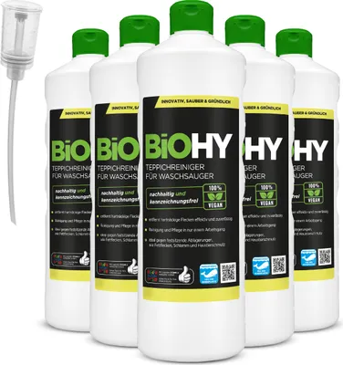 Produktbild von BIOHY Teppichreiniger für Waschsauger (6x1l Flasche) + Dosierer | geeignet für alle Waschsauger | entfernt Flecken und Schmutz mühelos | Reinigung und Pflege in nur einem Arbeitsgang