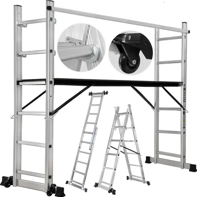 Produktbild von Craftfull Leitergerüst CF-103A | 4in1 Multigerüst aus Aluminium - Multifunktion - Anti-Rutsch-Rollen - Gerüst - Bis 150 Kg (1.95 Meter 7 Sprossen)