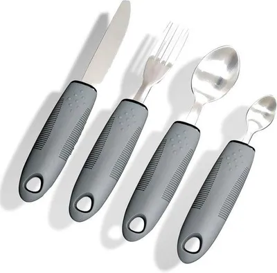 Produktbild von 4-teiliges Besteckset mit großem Griff, für Senioren und Menschen mit Behinderung geeignet, antislip Handgriffe, Hilfsmittel beim Essen