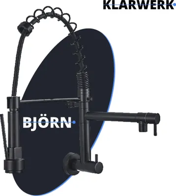 Produktbild von KLARWERK® Björn | Gastronomie Wandmontage Kaltwasser Armatur Schwarz | Küchenarmatur Edelstahl Zwei Brausen | Doppelspülbecken Wasserhahn Restaurant