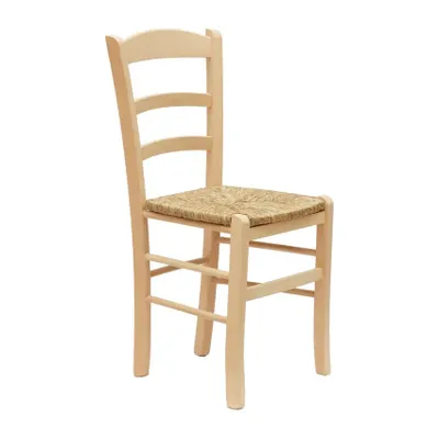 A single wooden chair with a woven seat.