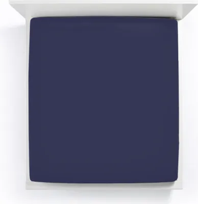 A top-down view of a navy blue fitted sheet on a white bed frame.