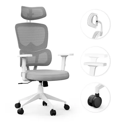 A white and gray ergonomic office chair is shown against a white background. Insets show close-ups of the headrest, armrests, and wheels.