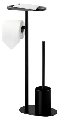Produktbild von Freistehendes Toilettenbürsten-Set aus schwarzem Edelstahl – WC Bürste, Klobürste und Toilettenpapierhalter, 3-in-1 Set mit Ablage, modernes Design
