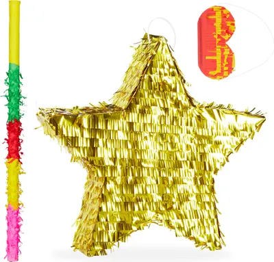 Image de Lot de 3 pièces : piñata en forme d'étoile, avec bâton et masque, piñata pour enfants et adultes, à remplir soi-même, accessoires pour piñata, dorée