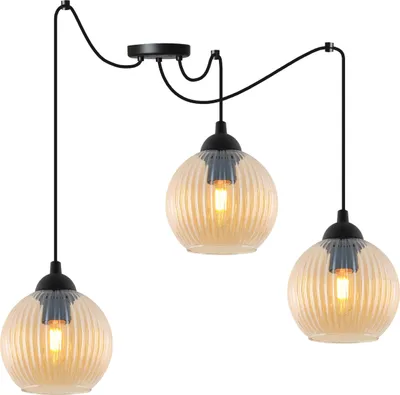 Image de Lampe à suspendre RIFFLE araignée noir 3 flammes verre boule ambre E27