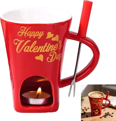 Produktbild von Schokoladenfondue Set – Schokoladenfondue Becher, Keramik Tasse mit Teelicht & Edelstahl Gabel