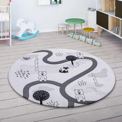 Produktbild von Kinderteppich Kinderzimmer Teppich Spielmatte Straßenteppich Rutschfest Weiß Grau Grösse 80 cm Rund