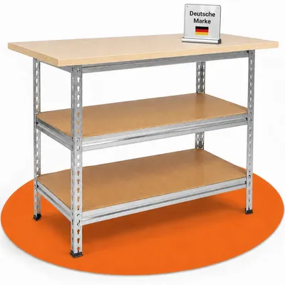 Werkbank 120 cm, Metallgestell, höhenverstellbare Böden, 92 cm Höhe
