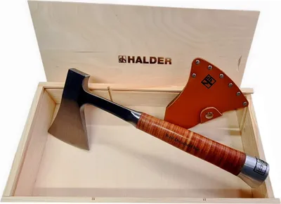 Produktbild von Halder Handbeil Lederschneidschutz Holzbox    Weil Du scharf bist!    3555s003