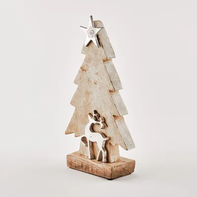 Produktbild von Weihnachtsfigur Tannenbaum aus Mangoholz mit Rentier und Stern H 32 cm
