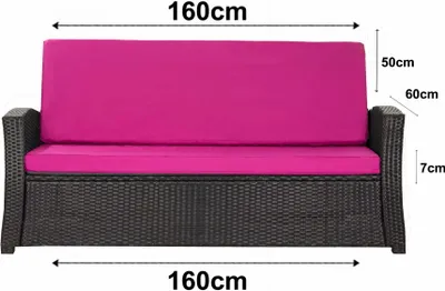 A front view of a black wicker sofa with pink cushions, with dimensions indicated by text and arrows.