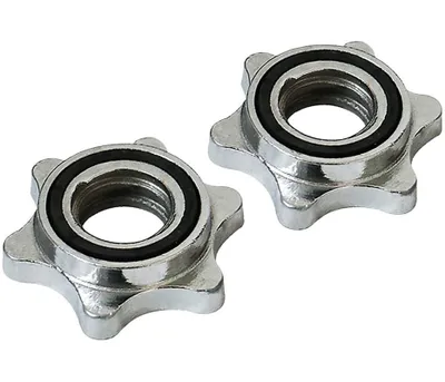 Two silver star-shaped collars with black rubber rings inside, used for securing weights on barbells.