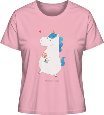 Produktbild von Mr. & Mrs. Panda Oberteil Damen Einhorn Spaziergang Größe L - Baumwolle Pink - Geschenk, Blumen, Mutter, Einhörner, T-Shirt, Unicorn, Kurzarmshirt, Glitzer, Shirt Mit Print