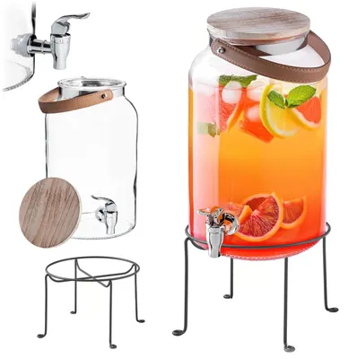 Produktbild von KADAX Getränkespender 5,6 Liter mit Ständer, Limonadenspender mit Zapfhahn und Deckel, Großer Wasserspender aus Glas auf Metallgestell, Saftspender, Getränkebehälter, Glasbehälter