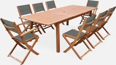 Immagine prodotto di Set tavolo da giardino rettangolare allungabile in legno con 8 sedie, Marrone naturale