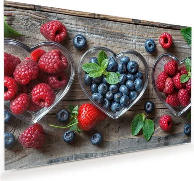 Produktbild von Glasbild 90x60cm in XXL für Wohnzimmer, Schlafzimmer Motiv Herzschalen Beeren