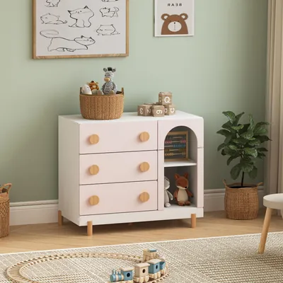 Produktbild von Kinderkommode 'Vaarentaa' 79 x 41 x 66 cm mit 3 Schubladen und 2 offenen Fächern Holzbeine Weiß/Rosa