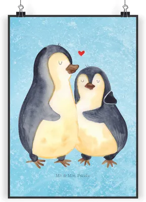 Produktbild von Mr. & Mrs. Panda Bild Pinguin umarmen DIN A3 - Eisblau - Geschenk, Hochzeitsgeschenk, Wandbild, Verknallt, wanddeko, Hochzeit, Umarmung Verliebt, drucke, Liebe, Plakat