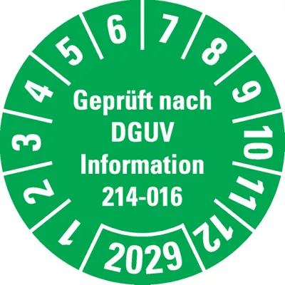 Produktbild von Dreifke® Prüfplakette  DGUV Info. 214-016, 2029, grün, Dokumentenfolie...