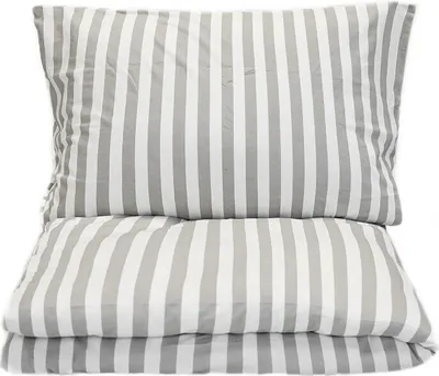 A neatly folded duvet and pillowcase set with a gray and white stripe pattern.