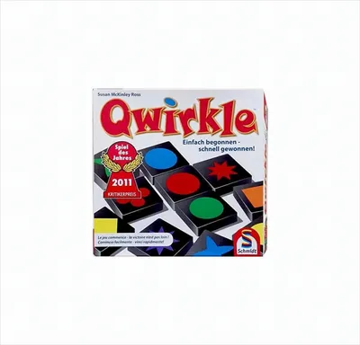 The image shows the front of the Qwirkle board game box, featuring the game's title, award badges, and a depiction of game tiles.