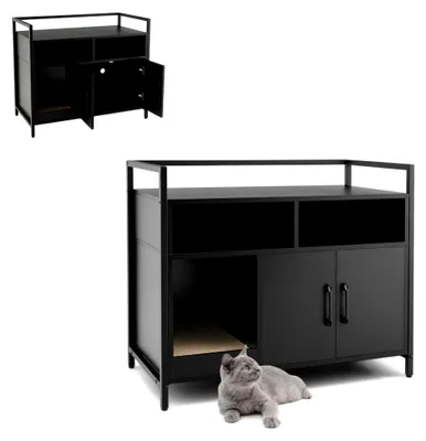 Produktbild von Katzenschrank für Katzentoilette mit Kratzbrett 89 x 45 x 74,5 cm mit offenen Regalen und Türen (Schwarz)