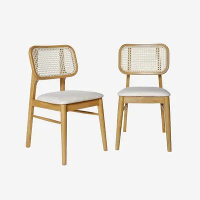 Produktbild von sweeek - 2er-Set Stühle aus Hevea-Holz, Rattan-Geflecht und Stoff  - Eichenfarben