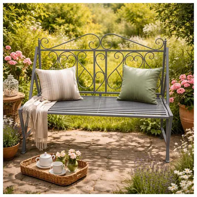 Produktbild von Gartenbank Solea aus Eisen Grau im Landhausstil mit geschwungenen Elementen 116x97x45 cm (BxHxT)