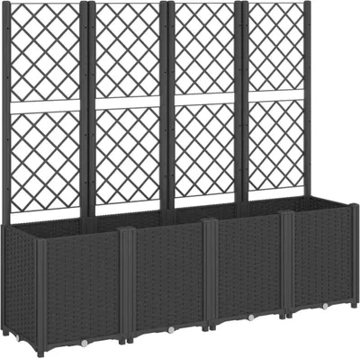 A black planter box with a trellis attached.