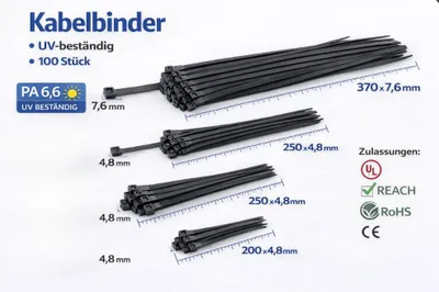 Produktbild von Kabelbinder, schwarz, 370 x 7,6 mm - 100 Stück (Set)