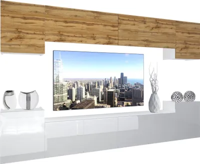 Image de BELINI Meuble-paroi entièrement équipé Ensemble de salon Meuble-paroi moderne avec éclairage LED Blanc brillant Meuble TV annexe Chêne Wotan / Blanc brillant/mat