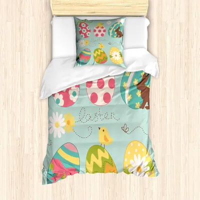 Produktbild von ABAKUHAUS Ostern Bettbezug Set, Ostereier mit Blumen Zickzack-Linien und Tupfen-Muster-bunte Anordnung, 135 x 200 cm + 80 x 80 cm, Mehrfarbig