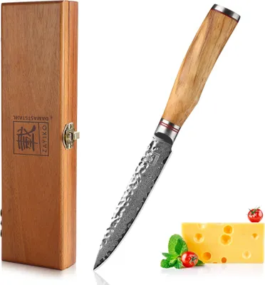 Produktbild von Zayiko Minami Damast Allzweckmesser I 12,5 cm Klinge I Olivenholzgriff I Holzbox
