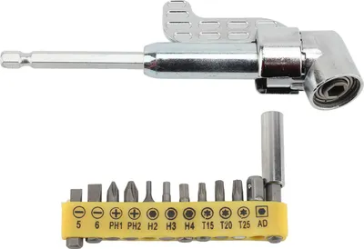 Image de 105 Degree Right Angle Drill Adapter Steel Right Angle Drill Attachment Bit Extension with 12 Screwdriver Bits for Impact Drivers and Drills (Adaptateur de perceuse à angle droit en acier avec 12 embouts de tournevis pour perceuses à percussion et perceuses)