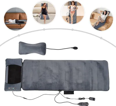 Collage of lifestyle shots showing people using a massage mat and a separate massage pillow.