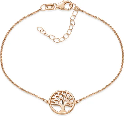 Dünnes Armband mit Lebensbaum Anhänger aus Rose vergoldetem 925 Silber, mithilge der Verlängerung16 bis 19,5cm längenverstellbar