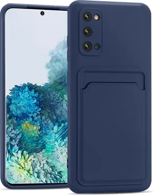 A blue phone case with a card slot is shown next to a smartphone.