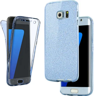 A product shot of two Samsung Galaxy S7 Edge phones with cases. One phone is shown with a clear case, and another is shown with a blue glitter case.