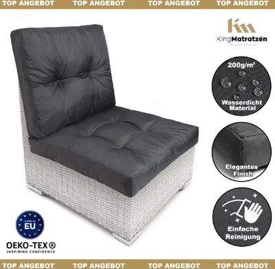 Produktbild von Loungekissen 2er SET (S) - 50 x 50 cm & 50 x 40 cm Sitzkissen & Rückenkissen | Wasserdichte Polsterkissen RATTAN: Dunkelgrau