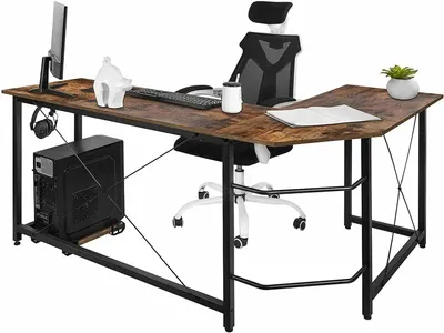Produktbild von Schreibtisch in L-Form – Eckschreibtisch – Retro-Design – Arbeitsplatte aus MDF – Mit CPU-Halterung – Schwarz