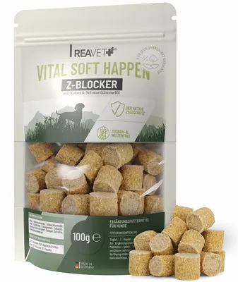 Produktbild von REAVET Z-Blocker Hundeleckerli Weizenfrei 100g I Vital Soft Happen I mit Schwarzkümmelöl & Kokos I Hundesnack Leckerlis für jede Jahreszeit