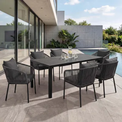 Immagine prodotto di Set da giardino HWC-N41, tavolo+6xsedie, alluminio resistente alle intemperie 180x80cm, intreccio in corda Rope ~ antracite, cuscini grigio scuro