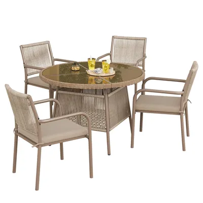 Image de Ensemble de mobilier de jardin moderne en rotin, table ronde en verre + 4 chaises avec accoudoirs, structure en fer, adapté pour terrasse/balcon/terrasse