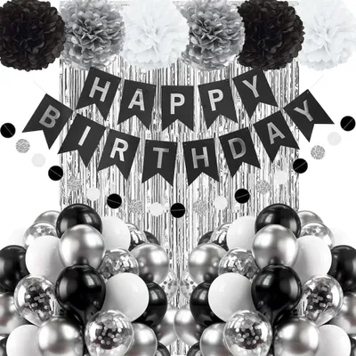 Productafbeelding van Verjaardagsdecoratieset - Mannen en vrouwen - Verjaardagsdecoratie - Zwart-zilver - Happy Birthday-banner - Ballonnen